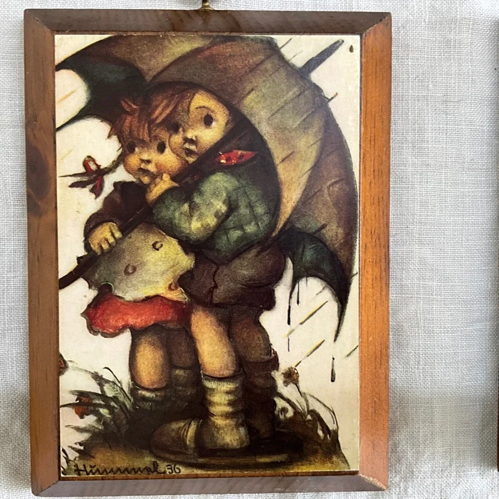 Vintage Hummel Wood Wall Plaques Set of 4 Children Umbrella Rabbits Crow Signed
